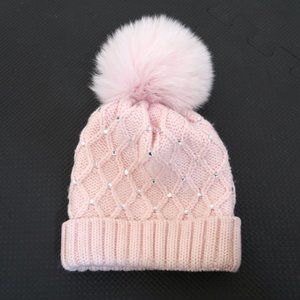 CATYA merino wool knit hat w Fur pom pom & crystals